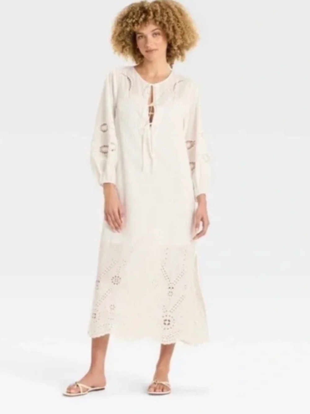 NWT Future Collective Eyelet White Lace Cotton Kaftan Maxi Dress XS